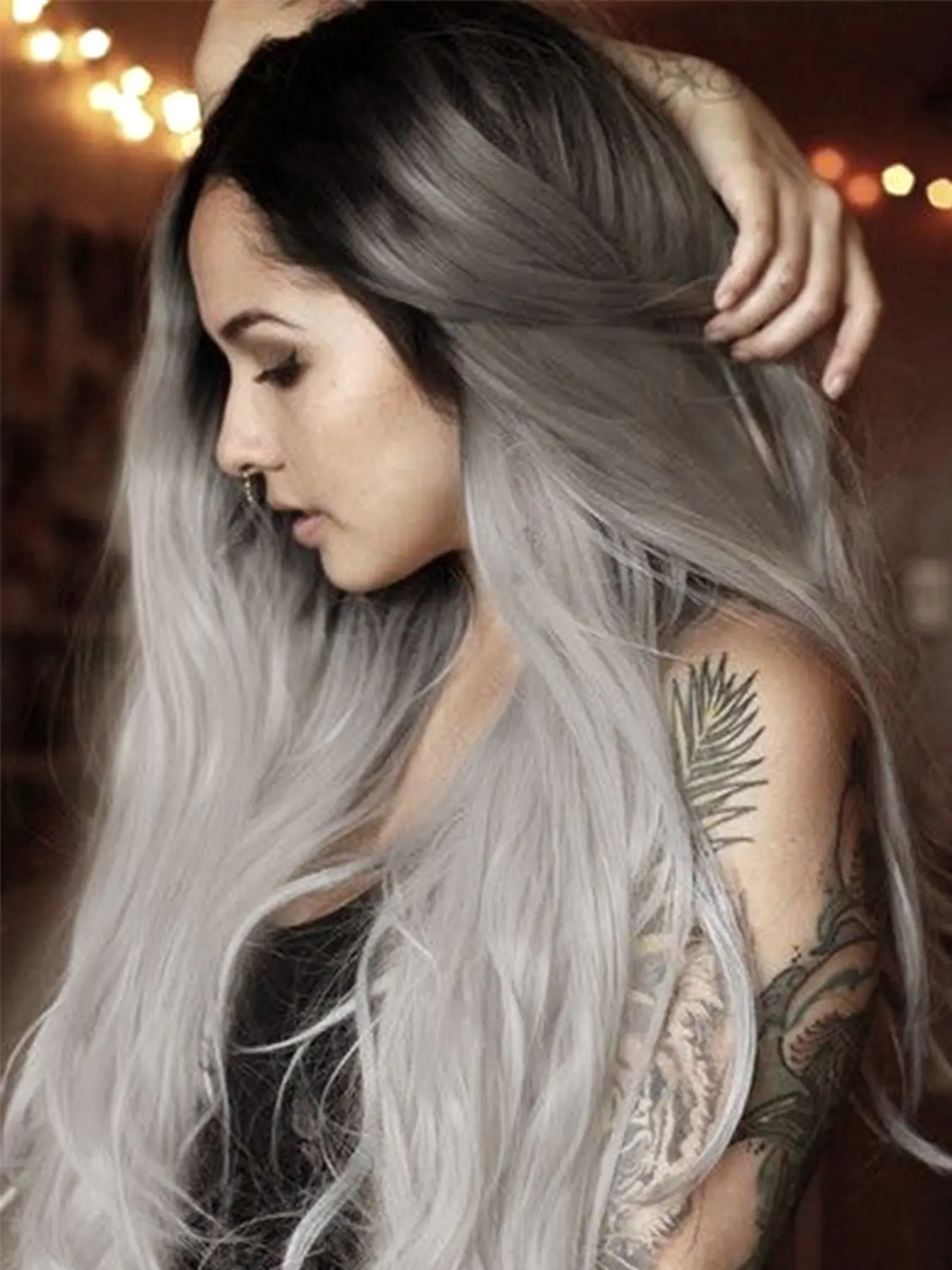 Aodbar hairs Ombre Grey Body Wavy Lace Front Wig Pre Plucked Natural Hairline 13*4 Transparent Lace Wig Glueless Hair Silver Grey Rooted Color Wavy Wig for Halloween, Cosplay and Daily Use 28 Inch