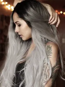 Aodbar hairs Ombre Grey Body Wavy Lace Front Wig Pre Plucked Natural Hairline 13*4 Transparent Lace Wig Glueless Hair Silver Grey Rooted Color Wavy Wig for Halloween, Cosplay and Daily Use 28 Inch