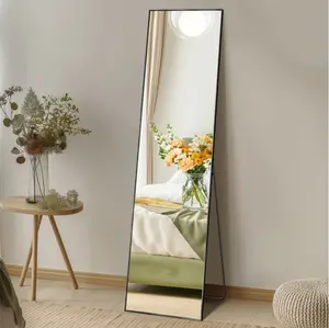 59"x16" High-Quality Full Length Mirror, Aluminum Alloy Frame Ensures Stability, Standing Design for Bedroom, Black