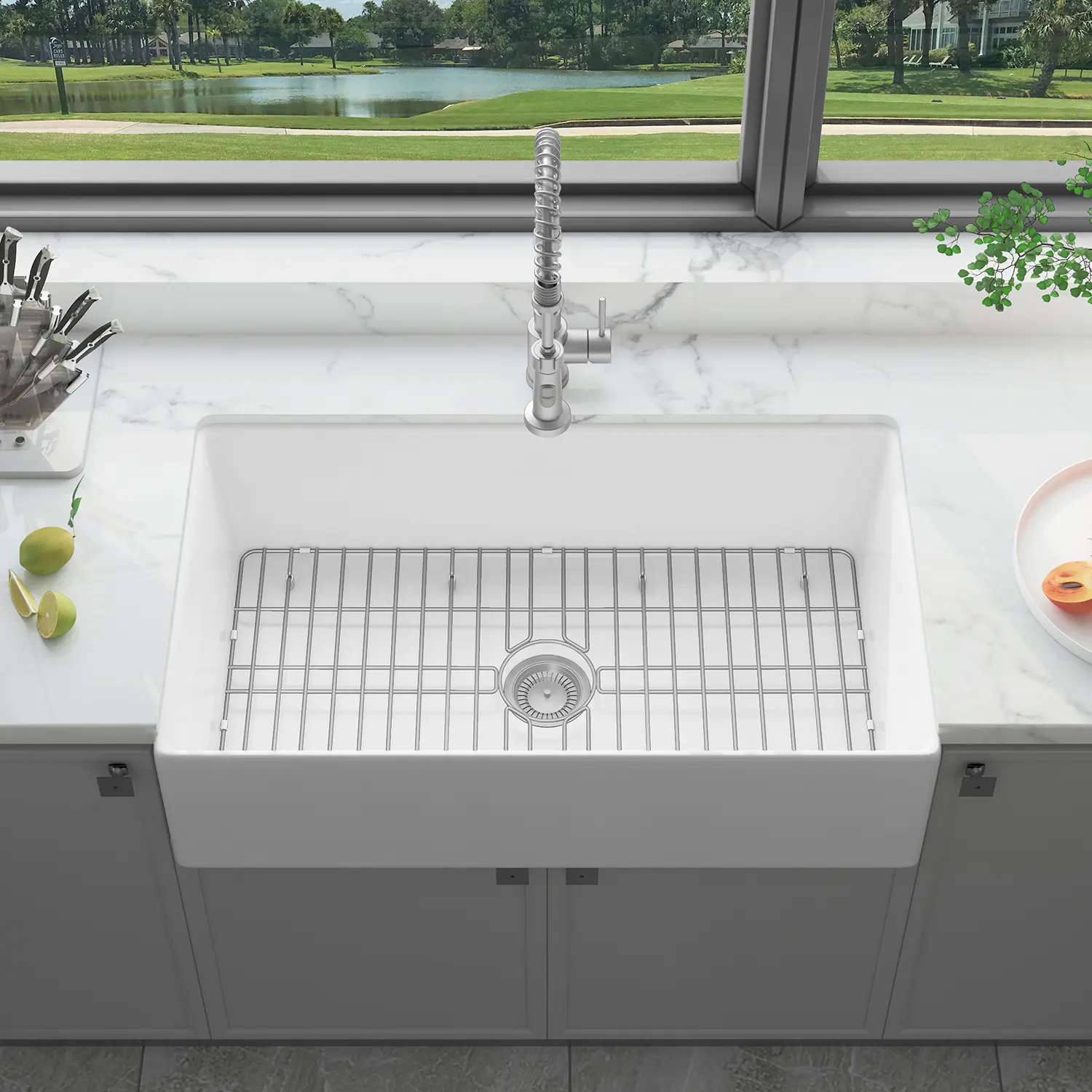 Sinber 36 Inch Farmhouse Apron Single Bowl Kitchen Sink with Fireclay White Finish 2 Accessories F3620S-OL