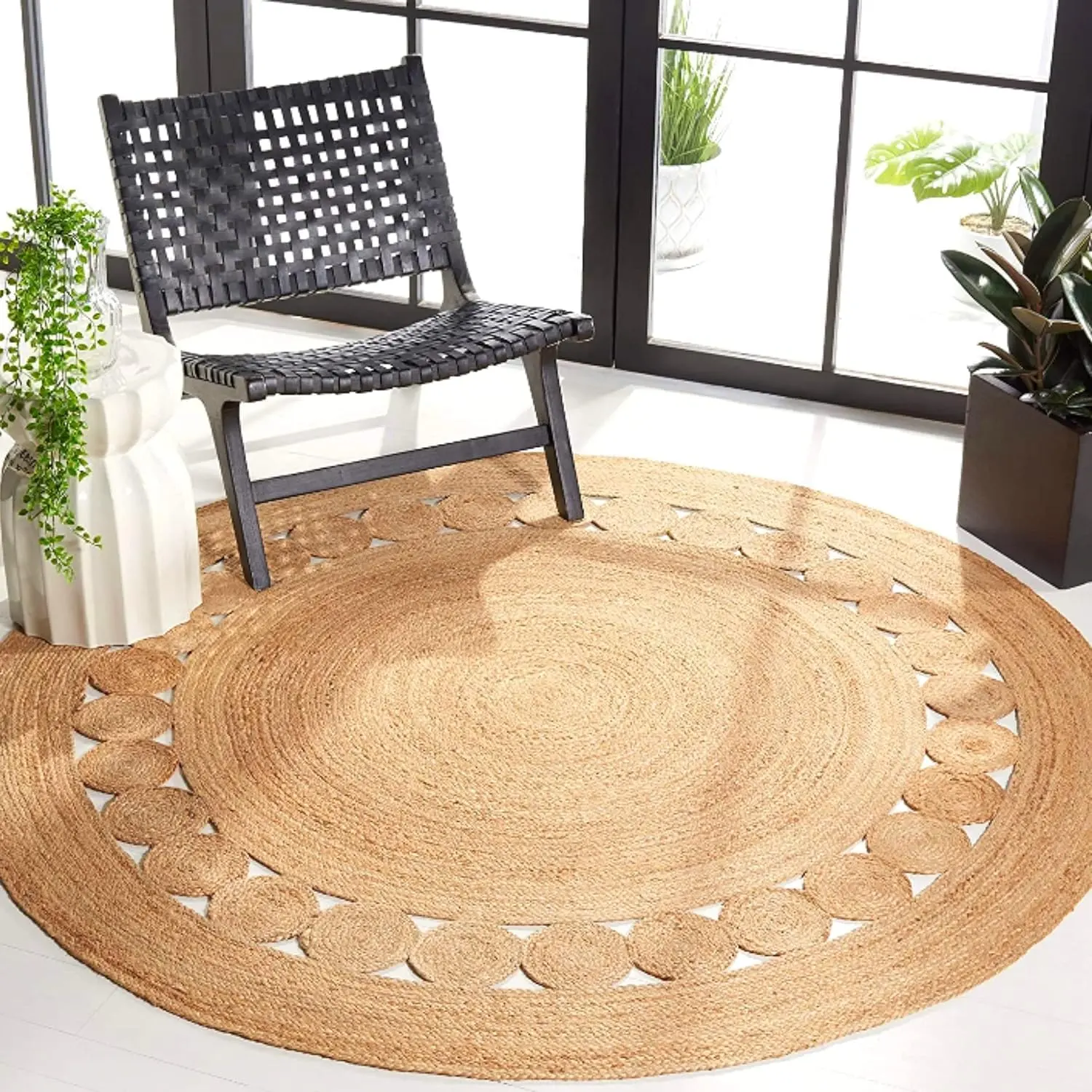Jute Area Rug 3ft Round Natual Braided Dot Handwoven Rug Rustic  Reversible Boho Area Rugs for Farmhouse, Living Room, Bedroom, Patio, Kitchen