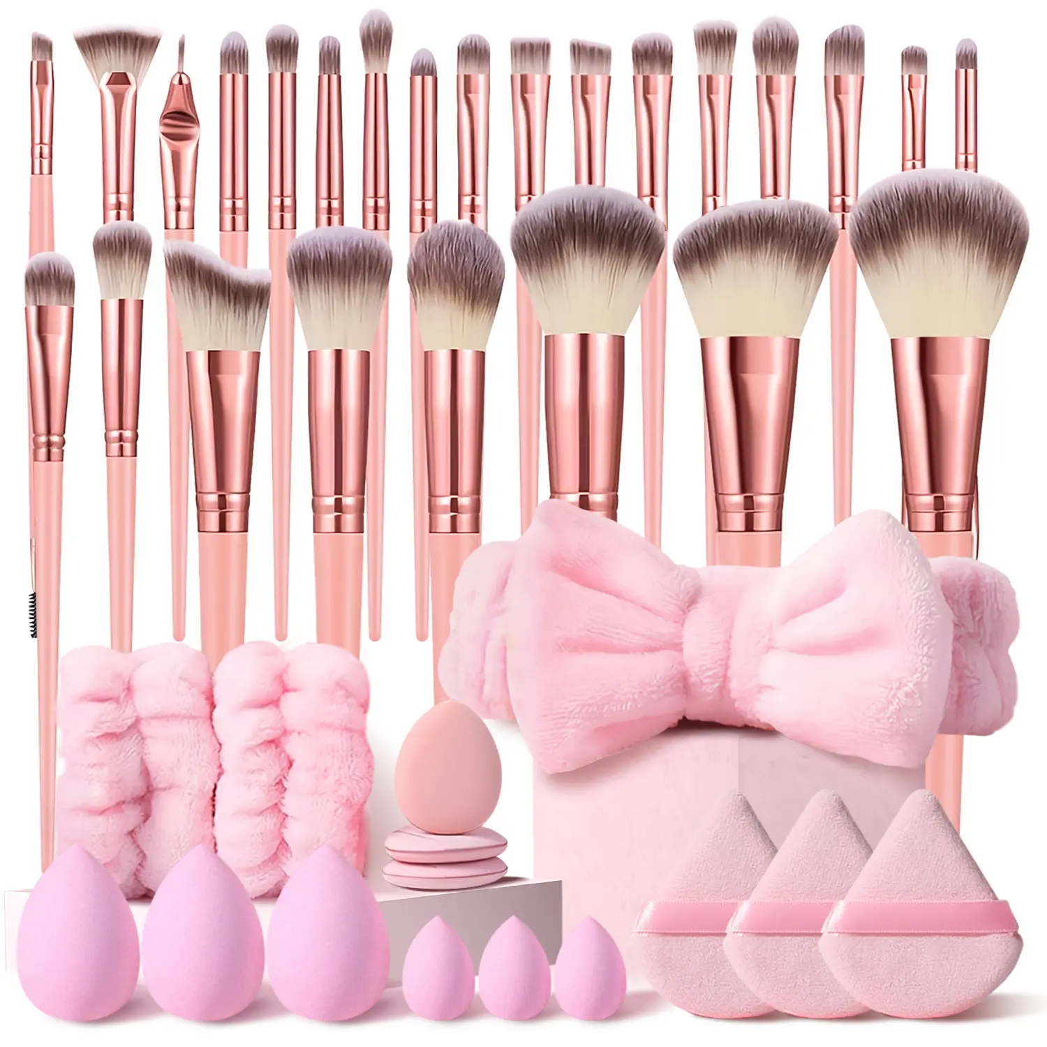 Pink Makeup Brush Set, 40Pcs Makeup Tool Set Premium Synthetic Foundation Powder Concealers Shadows Blush Make up Brushes Kit with Makeup Sponges, Makeup Puffs, Headband, Wristbands, Professional Makeup Accessories for Beginner & Professional