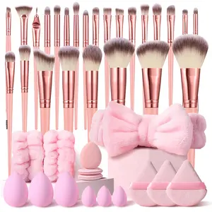 Pink Makeup Brush Set, 40Pcs Makeup Tool Set Premium Synthetic Foundation Powder Concealers Shadows Blush Make up Brushes Kit with Makeup Sponges, Makeup Puffs, Headband, Wristbands, Professional Makeup Accessories for Beginner & Professional