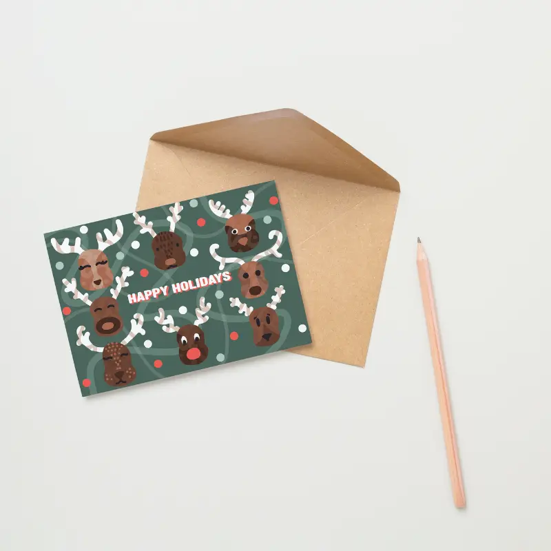 Red Nose Reindeer Greeting Card - Featuring Happy Holidays Designs with Red Nose Reindeer Illustrations