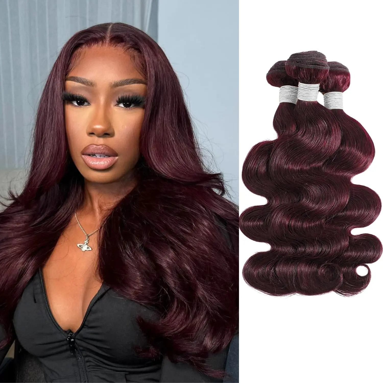 ALHER 12A 99j Purplish Wine Red Dark Burgundy Unprocessed Virgin Remy Human Hair Bundles, Body Wave Sew-In Weave for Black Women, 20-22-24 in Thick Weft