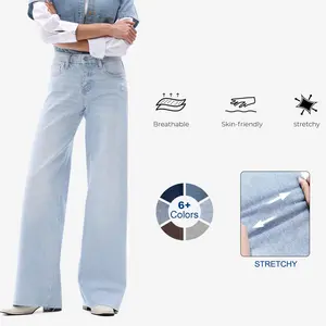 High Stretchy Mid-Rise BBL Jeans Wide Leg Tummy Control Raw Hem Denim Pants Womenswear Holiday Denim Jeans
