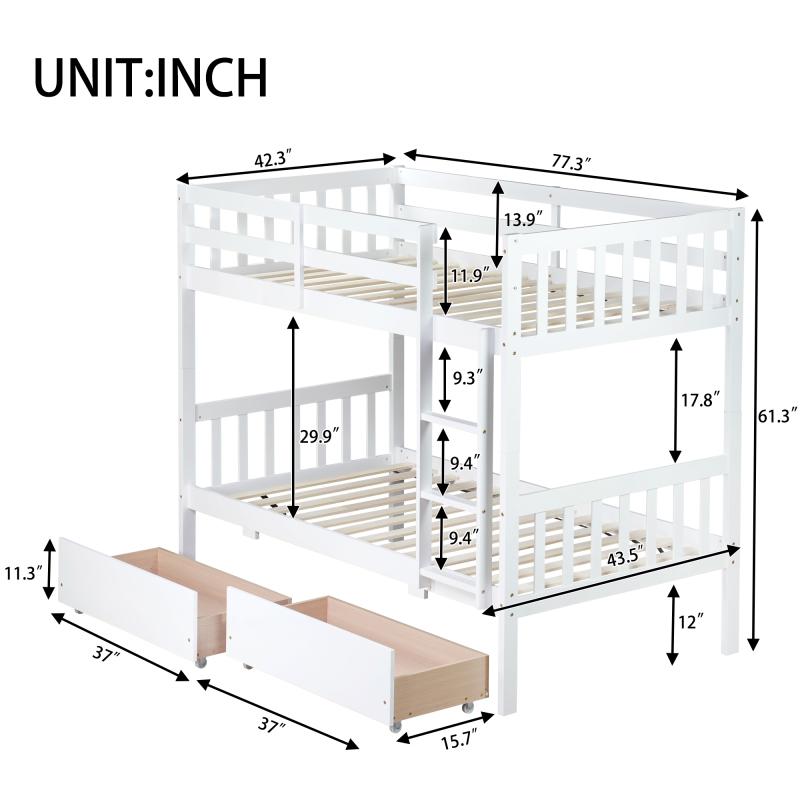 Twin Over Twin Rubber Wood Bunk Bed Frame with 2 Storage Drawers, Convertible into 2 Twin Beds, Twin Size Bunk Bed with Ladder and Safety Guardrails