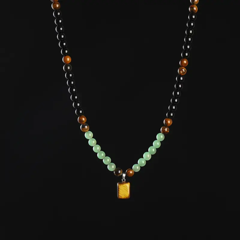 Beaded Pendant Necklace for Adults with Green Aventurine & Tiger's Eye, Long Unisex Sweater Chain, Natural Healing Crystal for Abundance, Meaningful Gift, Tigers Eye, Beaded Necklaces, Crystal Necklaces