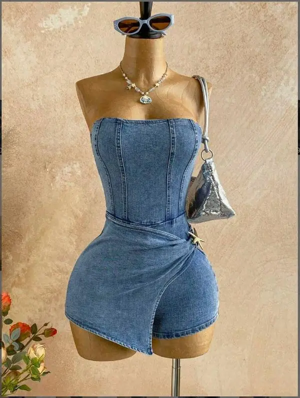 CROSSCAL Women's Blue Summer Seksi Chic Holiday Vacation Holiday Denim Metal Decor Jumpsuit,Strapless Backless Bodycon Romper,Beach Wedding Guest Attire