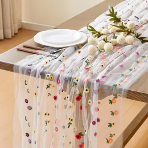 Embroidered Daisy Floral Tulle Tablecloth | Sheer Mesh Table Runner | Summer Fall | Wedding Party Essential