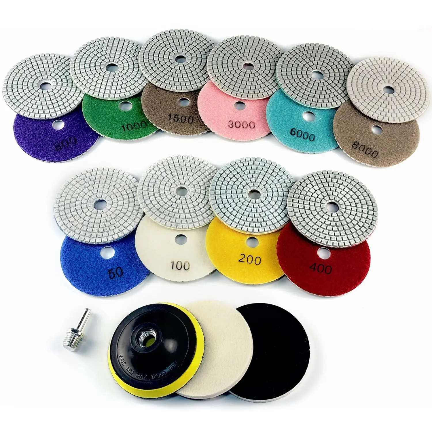 4 Inch Diamond Polishing Pads, 14 PCS 50-8000 Grit Wet/Dry Granite Stone Polish Pad Kit with 5/8’’-11 Backer Pad, Drill Adapter and Wool Disc for Granite Marble Concrete Stone Tile Round Adhesive Sanding Plate Set tools