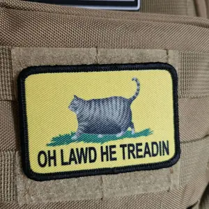 gray tabby oh lawd he treadin meme 2"x3" removable morale patch with hook and loop backing fat cat