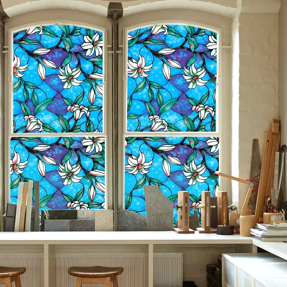 1pc (44.5*100cm) Frosted blue lily flower pattern removable, Floral pattern sticker, Decorative window sticker, blackout and UV protection, window privacy film, static adsorption glass film, for door and window glass