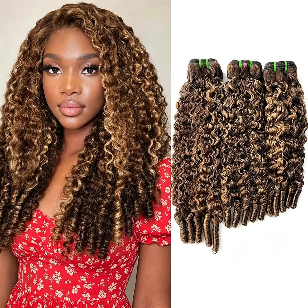 【50G/Pack】Honey Blonde Highlight Human Hair Bundles Ombre Brown Burmese Curly Bundles Human Hair 16 18 20 Inches 3Pcs 4/27 Water Wave Sew in Hair Extensions Quick Weave with Spiral End 3c4a for Women