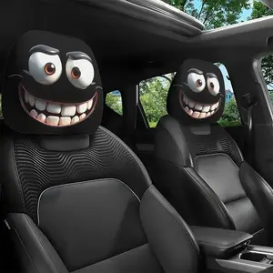 2pcs Set of Funny Big-Eyed Grinning Cartoon Print Car Seat Headrest Covers, Universal Fit for Long Road Trips & Daily Commutes  – Perfect for Halloween/Christmas Holiday Decor, Funny Design, Car Interior Decor