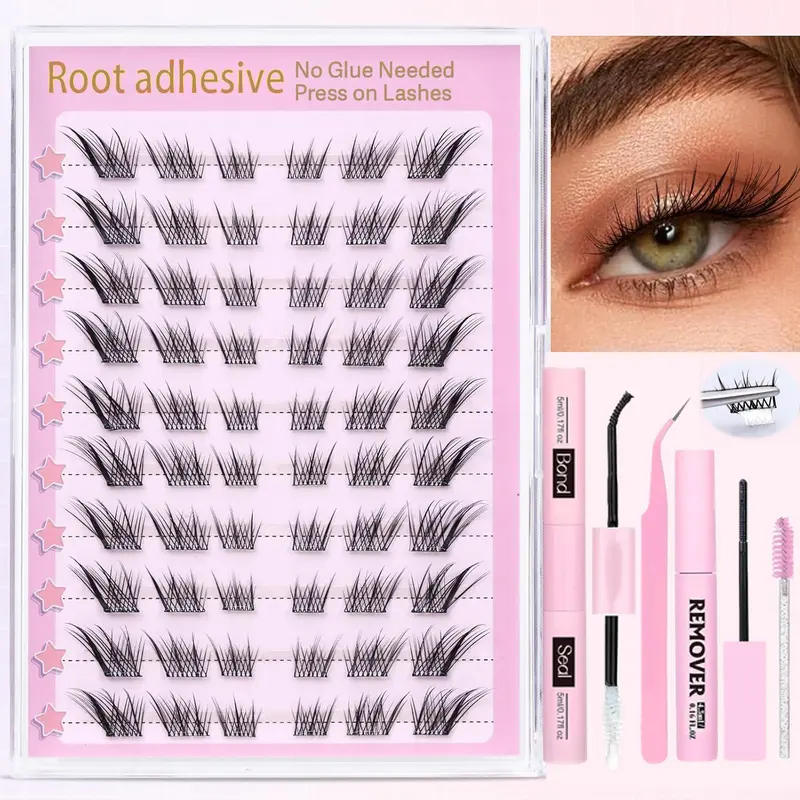 Self Adhesive Eyelashes Kit, 1 Box Fluffy DIY Lash Clusters False Eyelashes Set with Eyelash Glue & Remover & Brush & Tweezers, Eye Makeup Enhancement Tool for Women & Girls, Eyelashes Extensions