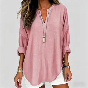 Women's V-Neck Cotton Linen Tunic – Oversized Long Sleeve Top – Breathable for Summer & Fall – Must-Have Casual Wardrobe