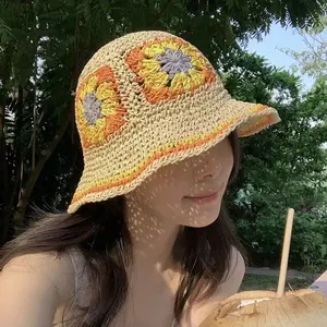 Jacquard Ethnic-Style Hand-Woven Straw Hat Foldable Fashionable Sunshade Versatile Fisherman Hat with Colorful Floral Design
