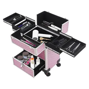 Rolling Makeup Train Case with Drawer Pink Professional Nail Tech Storage Organizer for Hairstylist Tattoo Artist Cosmetic Case 7 Compartments Adjustable Aluminum Alloy ABS Lock with Keys Universal Wheels Telescopic Pull Rod 44LBS Load Capacity