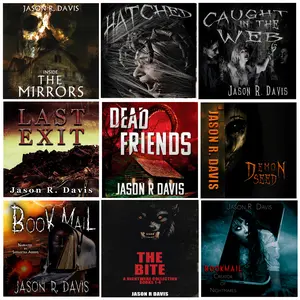 JD Horror 9 book box by Jason Davis featuring BookMail Creator of Nightmares - Signed Copies of Dead Friends, Demon Seed, Inside the Mirrors, Bookmail, The BitE, Last Exit, Hatched and Caught in the Web paperback books summer boxes blind date book gift
