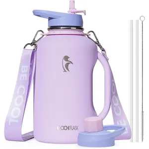 Half Gallon Bottle with Straw, 64 oz Stainless Jug With Handle-Walled Vacuum Large Flask With Strap Leakproof, Keep Cold 48 Hrs Hot 24hrs, Lavender