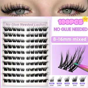100 Clusters Self-Adhesive False Eyelash Bunches, No Glue Needed, Mixed Lengths 8-16mm, Fluffy Cat Eye Design for Travel & Gift, Glueless Lashes Clusters