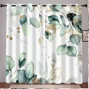 2 Piece Garden Plant Eucalyptus Leaf Floral Print Curtains, Hole Drapes for Living Room Home Decor, Contemporary Style, Window Curtain