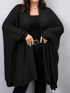 【Plus Size】 Solid Batwing Sleeve Open Front Cardigan, Casual Long Sleeve Knit Outerwear for Fall & Winter, Women's Clothing for Daily Wear, Womenswear