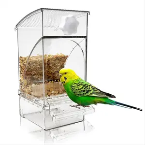 No Mess Bird Feeder, Acrylic Automatic Parrot Feeder Cage, Transparent Seed Food Dispenser Cage Accessory for Small Birds Parakeets Cockatiels