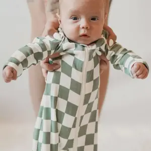 Matcha Checkerboard Organic Zip Footie Baby Onesie - Green & White Striped Design for Comfortable Wear