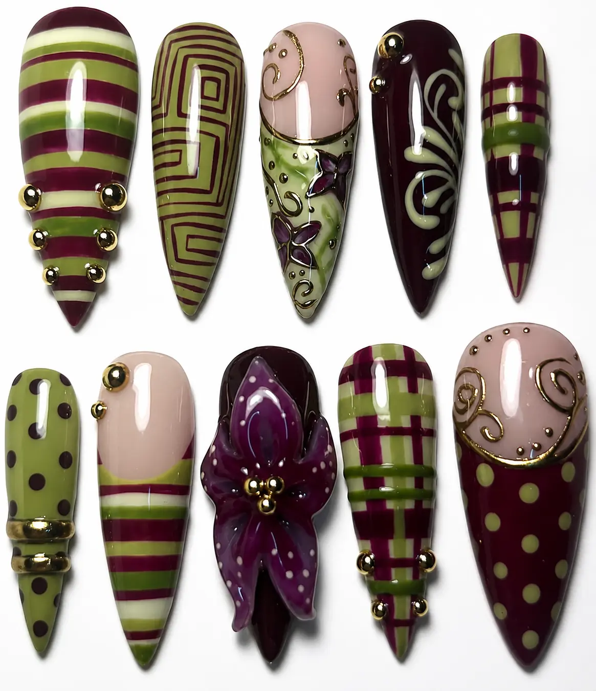 Vintage Handmade Press On Nails | Burgundy & Olive Green 3D Flower Nail Art | Gold Studded Long Stiletto Reusable Gel False Nails with Gift Set (Adhesive Tabs, Nail File, Cuticle Stick) | Reusable Fake Nails