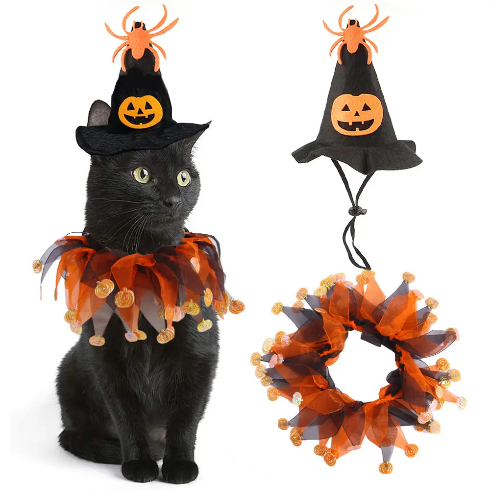 Adjustable Halloween Theme Cat & Dog Costume Set - Cosplay Hat, Festive Flair Collar, Striped Outfit, Small Pet Photo Prop Accessories, Cosplay Hats