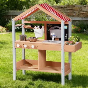 ROBUD Mud Kitchen for Kids Outdoor with Canopy, Wooden Outdoor Kitchen for Kids, Pretend Play Set with Sink, Faucet, Planting Pots, Cooking Accessories, Ideal Gift for Boys Girls Ages 3+