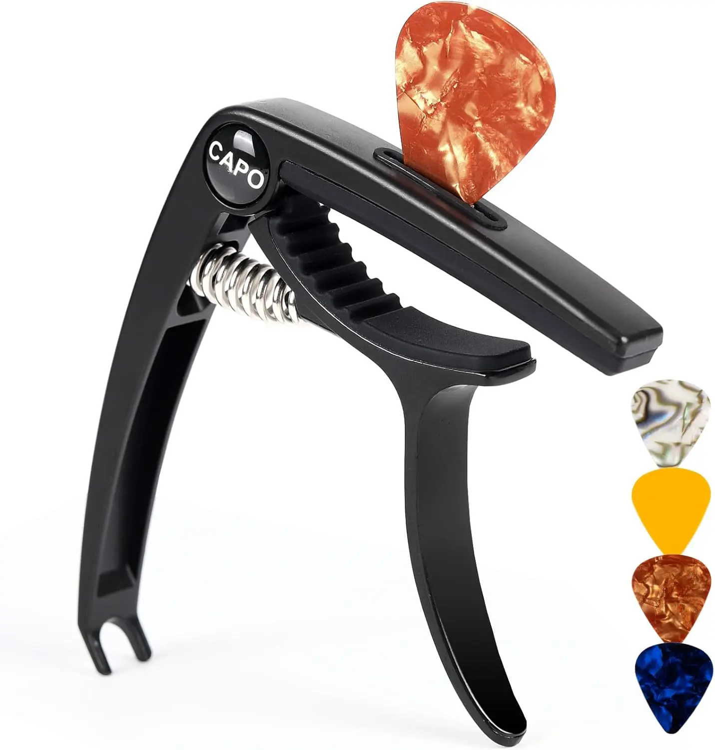 6-String Guitar Capo for Acoustic & Electric Guitars - Universal Clamp with 4  Picks - Compatible with Ukulele, Banjo, Mandolin (Black)