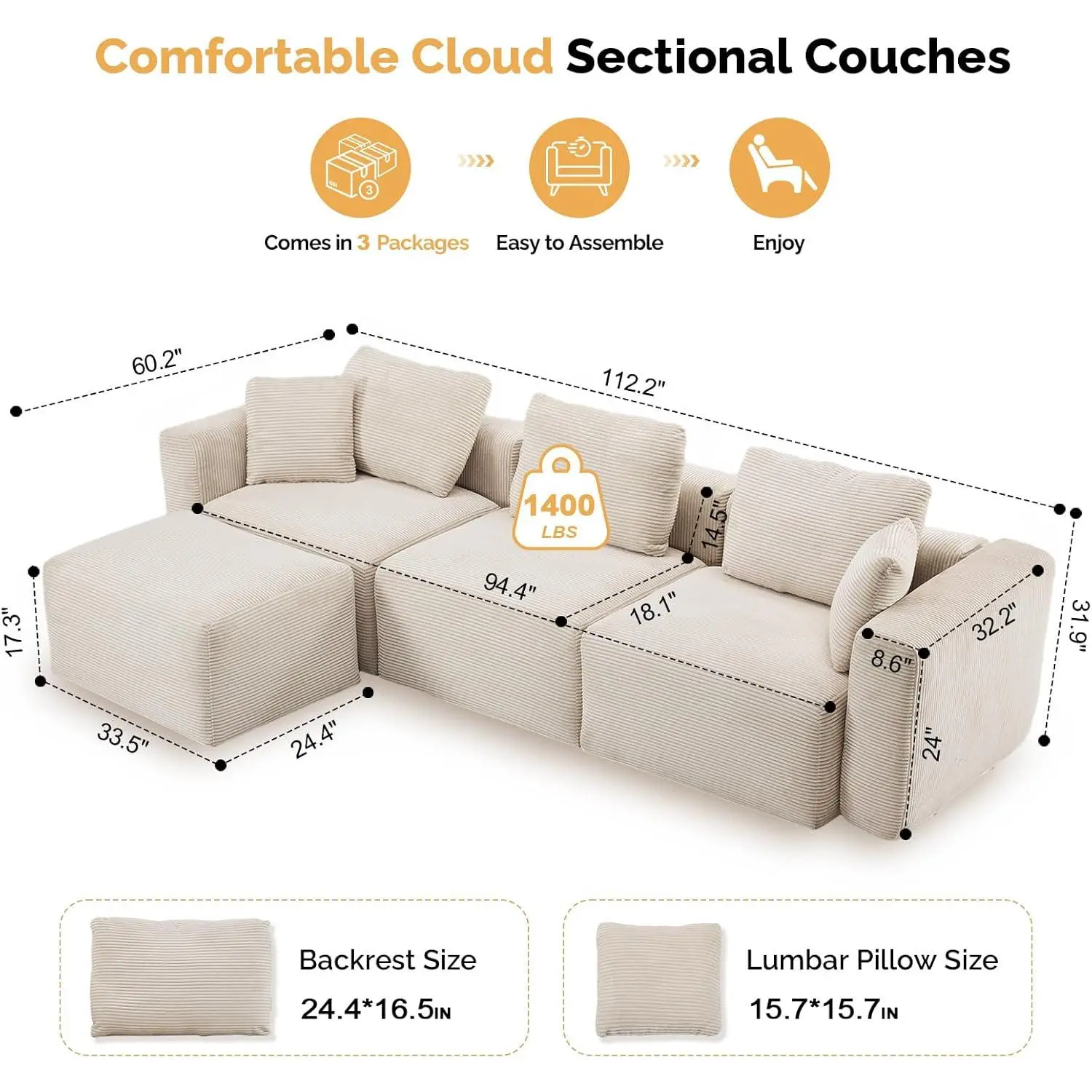 " Convertible Corduroy Cloud Sectional Couches with Movable Ottoman, L-Shaped Upholstered Sofa with Deep Seat & Chaise Lounge, 3 Seater Modular Starter Sofa, No Assembly Required, Cream