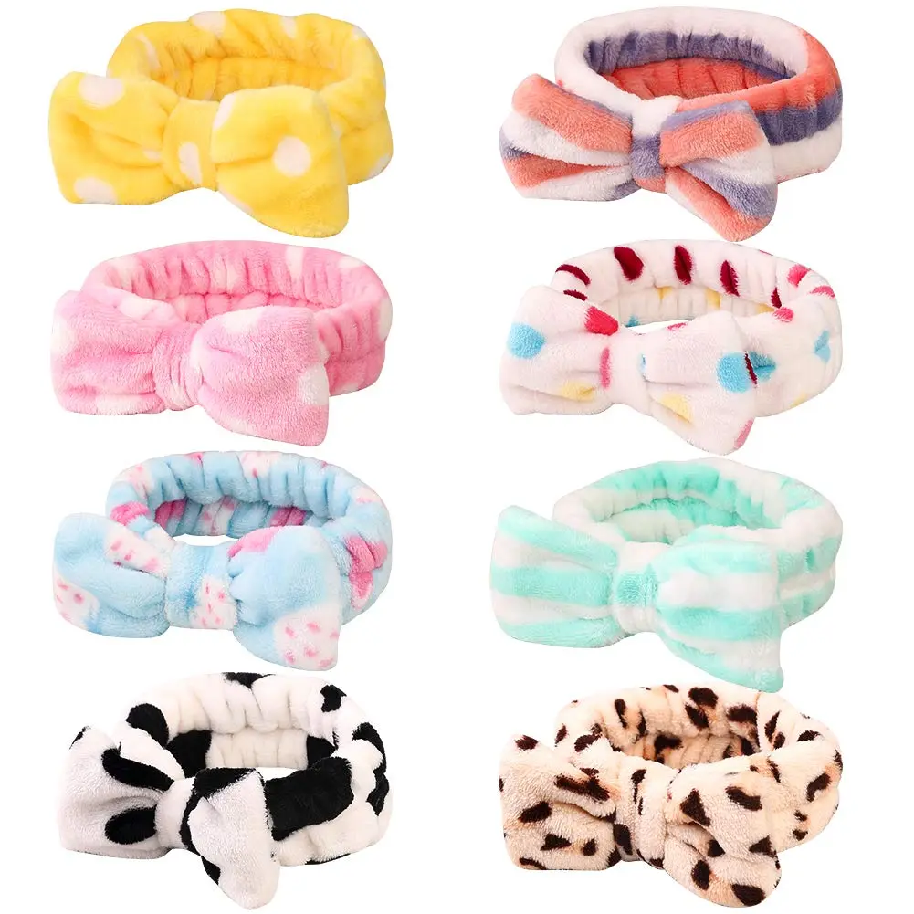 8 Pack  Headband, Coral Fleece Makeup  Headband for Washing , Bow Headbands for Shower Terry Cloth Headbands for Women Facial Hair Band