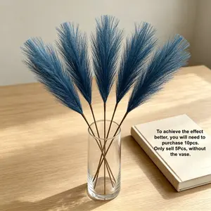 5pcs Blue Artificial Pampas Grass Decor, Fluffy Pampas Grass Stems, Vase Filler, Wedding Decoration, Valentine's Day, Home Wedding Centerpiece