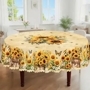 1pc, Spring Summer Themed Party Tablecloth, Vintage Butterfly Daisy Sunflower Floral Country Style Printed Design, Rectangular/Round/Oval Table Cloth, Embossed Edge, Kitchen Dining Outdoor Picnics Dinner Decor Ideal