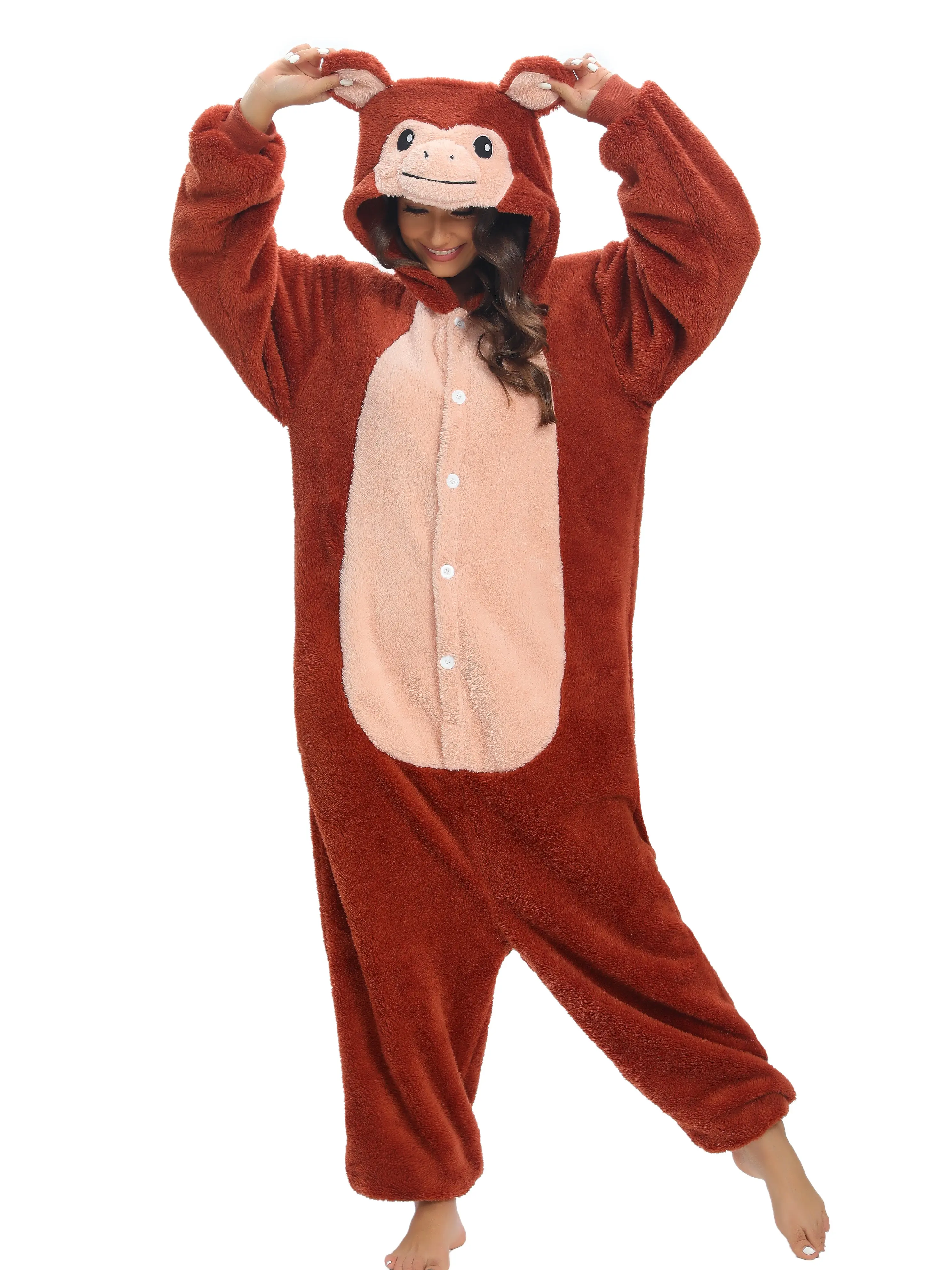 Women's Fluffy Plush Polyester Long-Sleeve Button-Down Hooded Animal-Print Bodysuit - Casual, Comfortable Pajamas for Autumn Indoor Sleepwear & Loungewear
