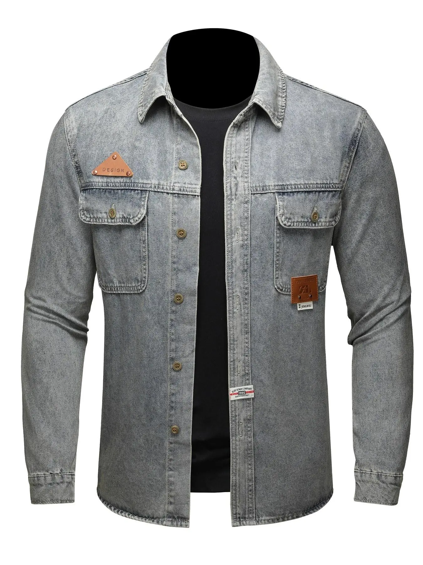 Men's Blue Washed Denim Shirt Jacket, Lapel Collar, Multi-pocket & Structured Design, Workwear Casual Versatile High-Quality Denim Shirt Jacket Vintage Outerwear