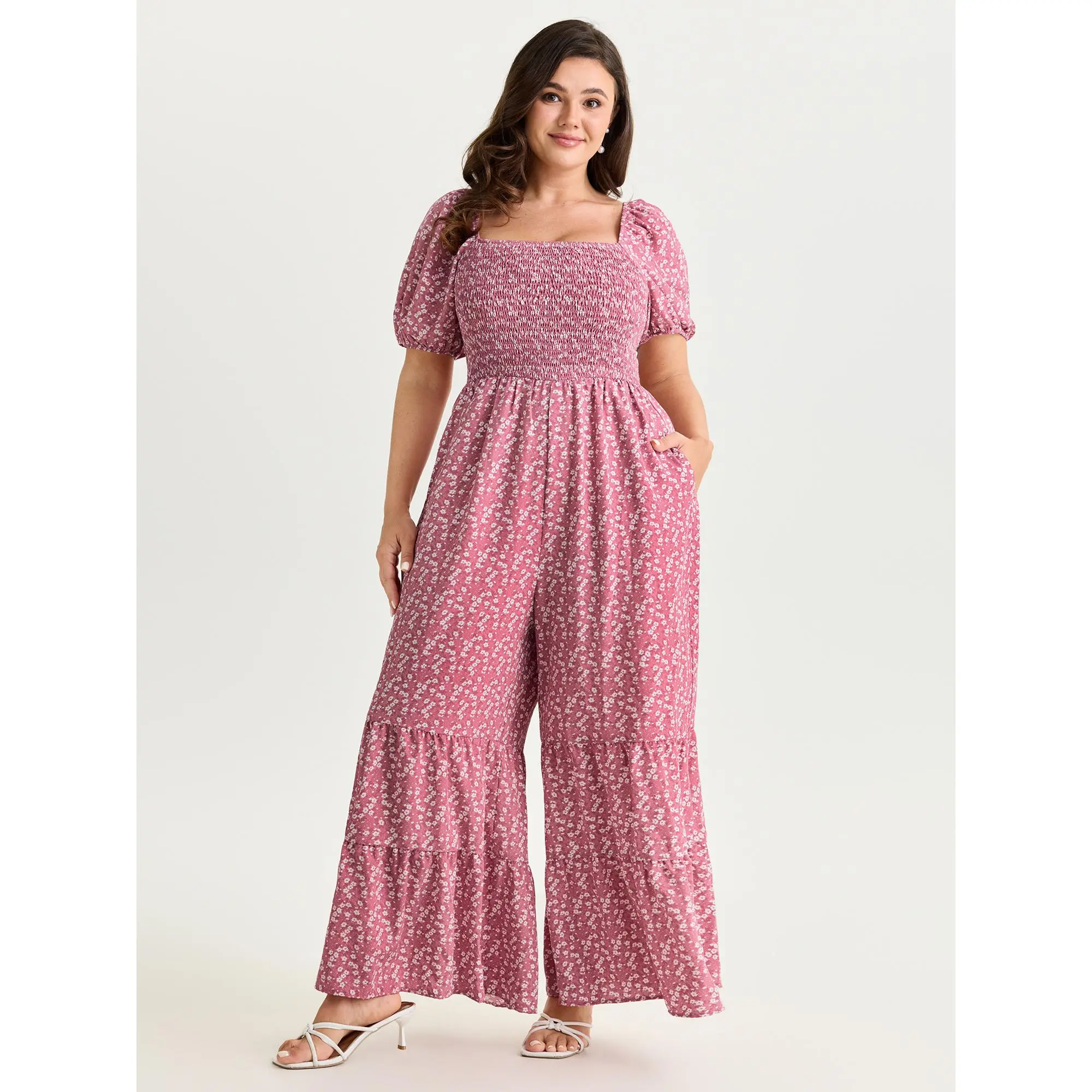BLOOMCHIC Women's Plus Size Floral Print Square Neck Spandex Jumpsuit - Sleeve,Smooth Fabric,Ruffled Hem,Pocket,Garment,M-6X,,Spotlight Deals,Summerfinds