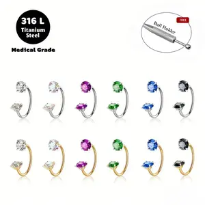 6pcs Value Pack 316L medical-grade titanium steel 18G 1.0mm Horseshoe Nose Hoop Internally Threaded Gems Nose Ring with Free Ball Holder & Guiding Needle