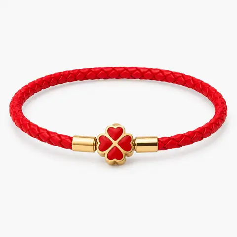 Women's Classic Red String Bracelet - Braided Rope PU Leather, 4-Leaf Clover Charm, Clever Integrated Clasp, Kabbalah Lucky Protection Amulet, Stack-Friendly, Hypoallergenic Sweat-Safe Metal, 8.27in Daily Accessories for Women, Minimalist Friendship Gift