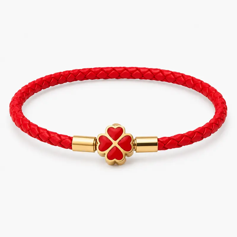 Women's Classic Red String Bracelet - Braided Rope PU Leather, 4-Leaf Clover Charm, Clever Integrated Clasp, Kabbalah Lucky Protection Amulet, Stack-Friendly, Hypoallergenic Sweat-Safe Metal, 8.27in Daily Accessories for Women, Minimalist Friendship Gift