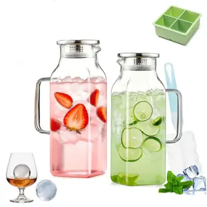 2-Pack Borosilicate Glass Pitcher Set, Square Water Carafe with Lid & Handle, Heat-Resistant Beverage Dispenser for Iced Tea, Coffee, Lemonade, Cold Brew, Home Kitchen Essentials