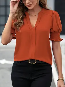 Women's Fashion Solid Color V-Neck Bubble Sleeve Chiffon Shirt Blouse, Elegant and Stylish Design, Perfect for Daily Wear and Special Occasions