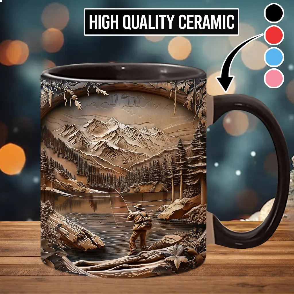 Washable Stylish Printed Ceramic Coffee Cup - Lake Adventure Drink Mug with Rack, Fishing-Themed Gift - fsh5581