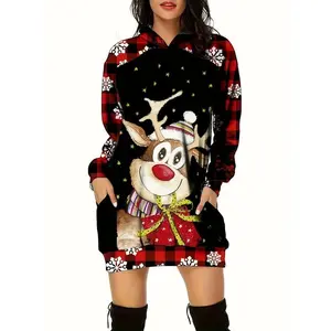 Fashionable and elegant hooded reindeer snowflake print Christmas women’s dress, fashionable winter casual wear, perfect for holiday parties