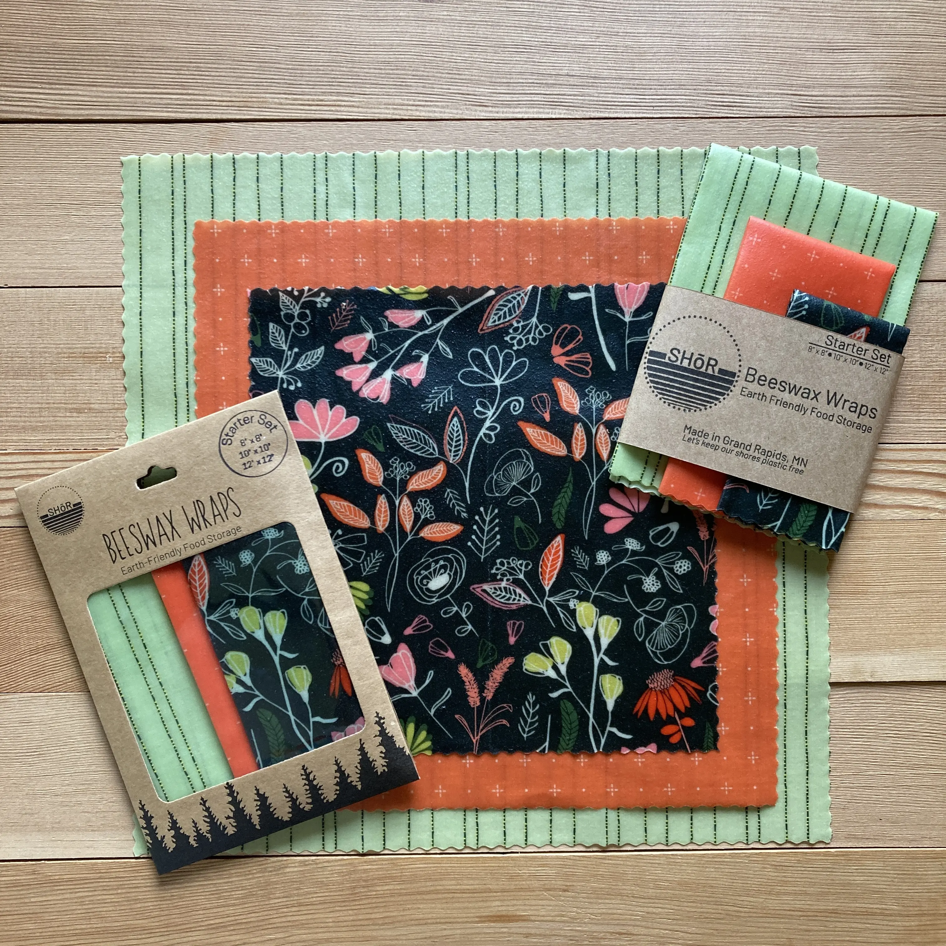Shor Beeswax Wraps Starter Set - 3 Pack - Large, Medium, Small - Earth-Friendly Food Storage
