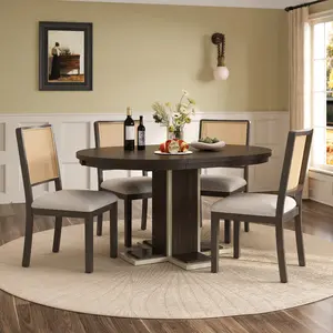 Extendable Dining Table with a 16-inch Middle Leaf, 42''-58'' Oval Dining Table for 6, Retro Solid Wood Round Dining Table with Double Layer Design for Kitchen, Dining Room